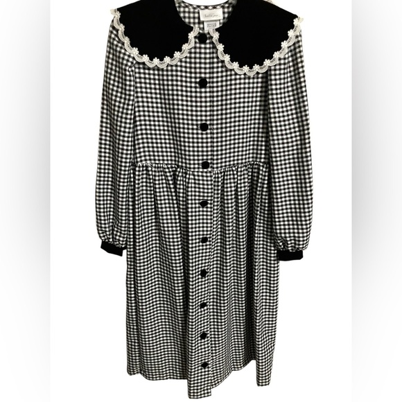 VTG Bonnie Jean Black Checkered Party Dress Velvet Lace Collar Girls Size 16 - Picture 1 of 7